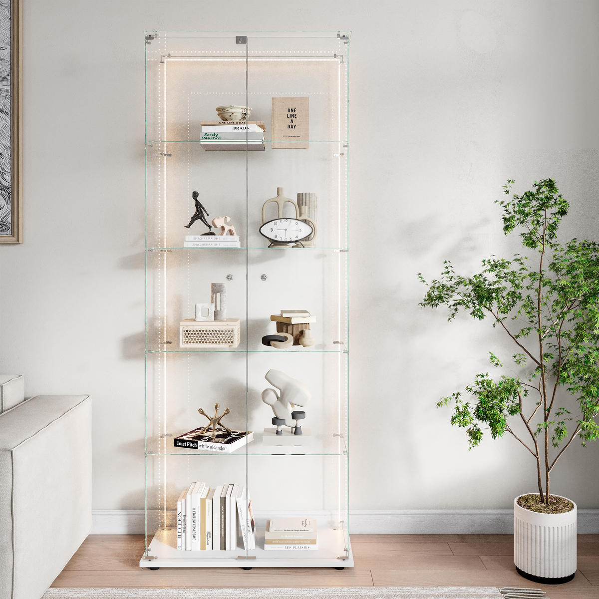 VITRINE 2 Türen, 5 Einlegeböden, LED Band, Glas, mobil, Stauraum optimal, weiß - Weiß, Glas (78.51/186.5/34.5cm) - EuroLiving