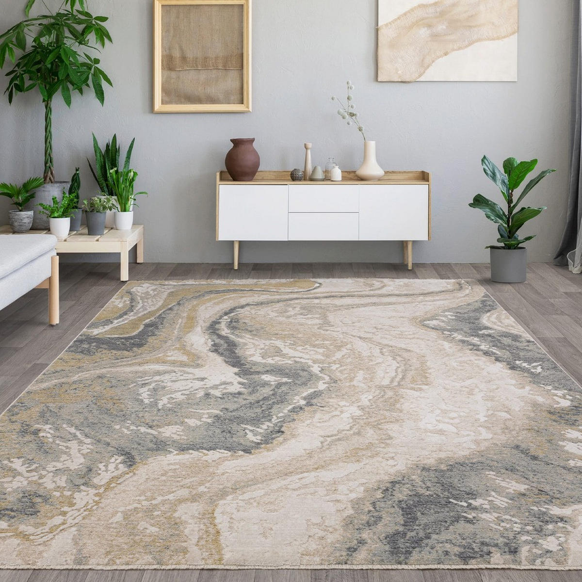 TEPPICH Velours abstrakt Marmoroptik pflegeleicht strapazierfähig Naturtöne SIENA-Elsa, Grau-Beige 200x300 cm - Grau, Textil (200/300cm) - KADIMA DESIGN