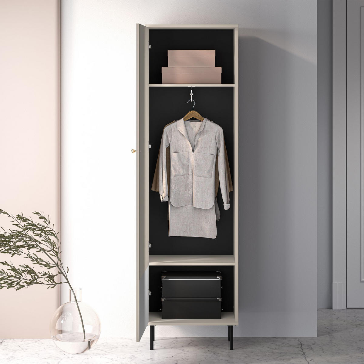 KLEIDERSCHRANK DROMA,Creme - Creme/Schwarz, Holzwerkstoff (55/190/34cm) - KONSIMO®