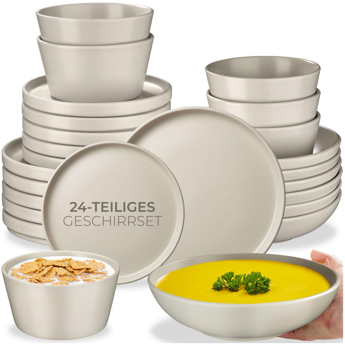 TAFELSERVICE Una, ineinander stapelbar, taupe - Taupe, Keramik (26/2.3/26cm) - tectake