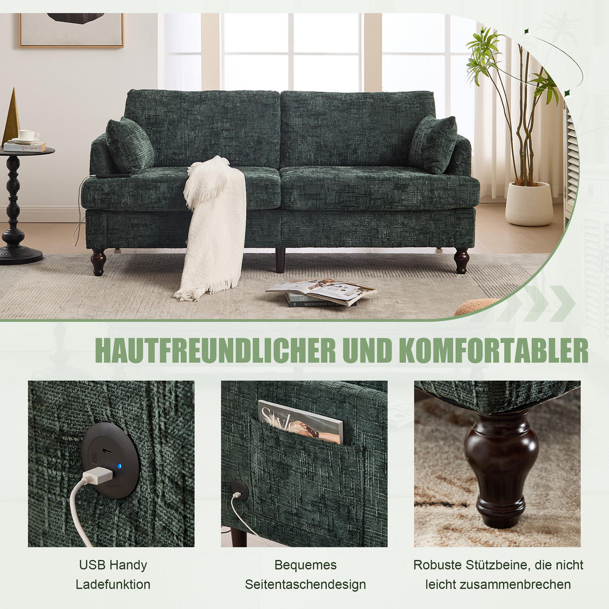 2-SITZER Sofa Chenille mit LED und USB-Anschluss 175/83/78 cm Smaragdgrün - Smaragdgrün, Textil (175/78/83cm) - Redom