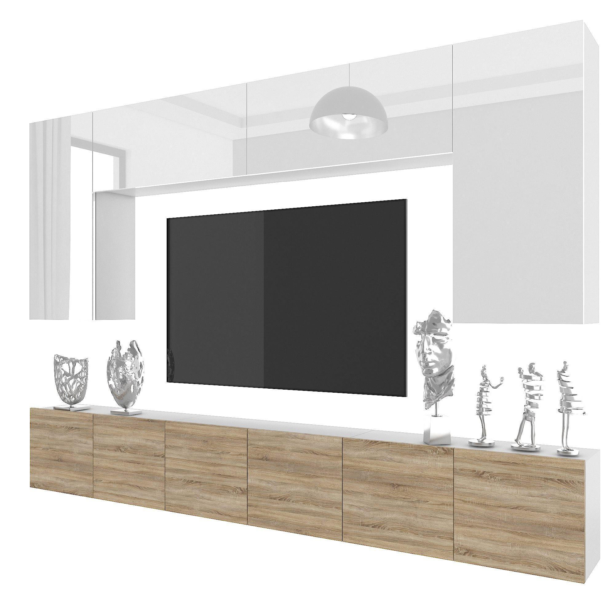 WOHNWAND Milano 2, Weiß/Sonoma Eiche, 300 cm, Grifflos - Weiß, Holz (300/155/36cm) - B BELINI GROUP