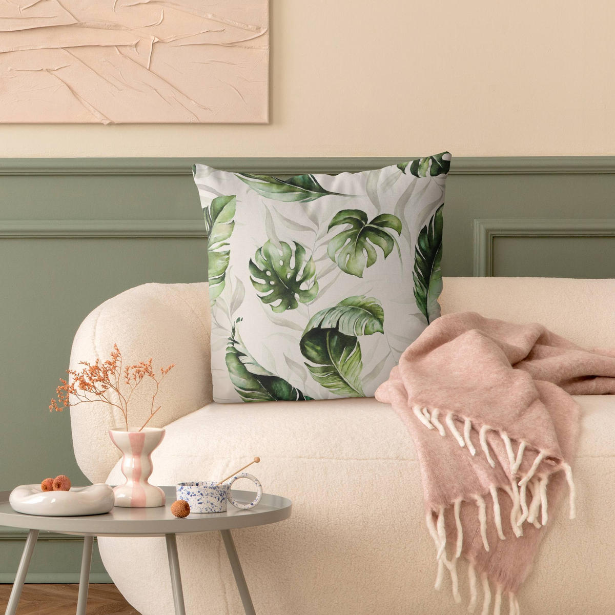 DEKOKISSEN Aquarell Pflanzen Monstera und Palmenblatt 50/50 cm - Grün, Textil (50/50/10cm) - Bilderwelten