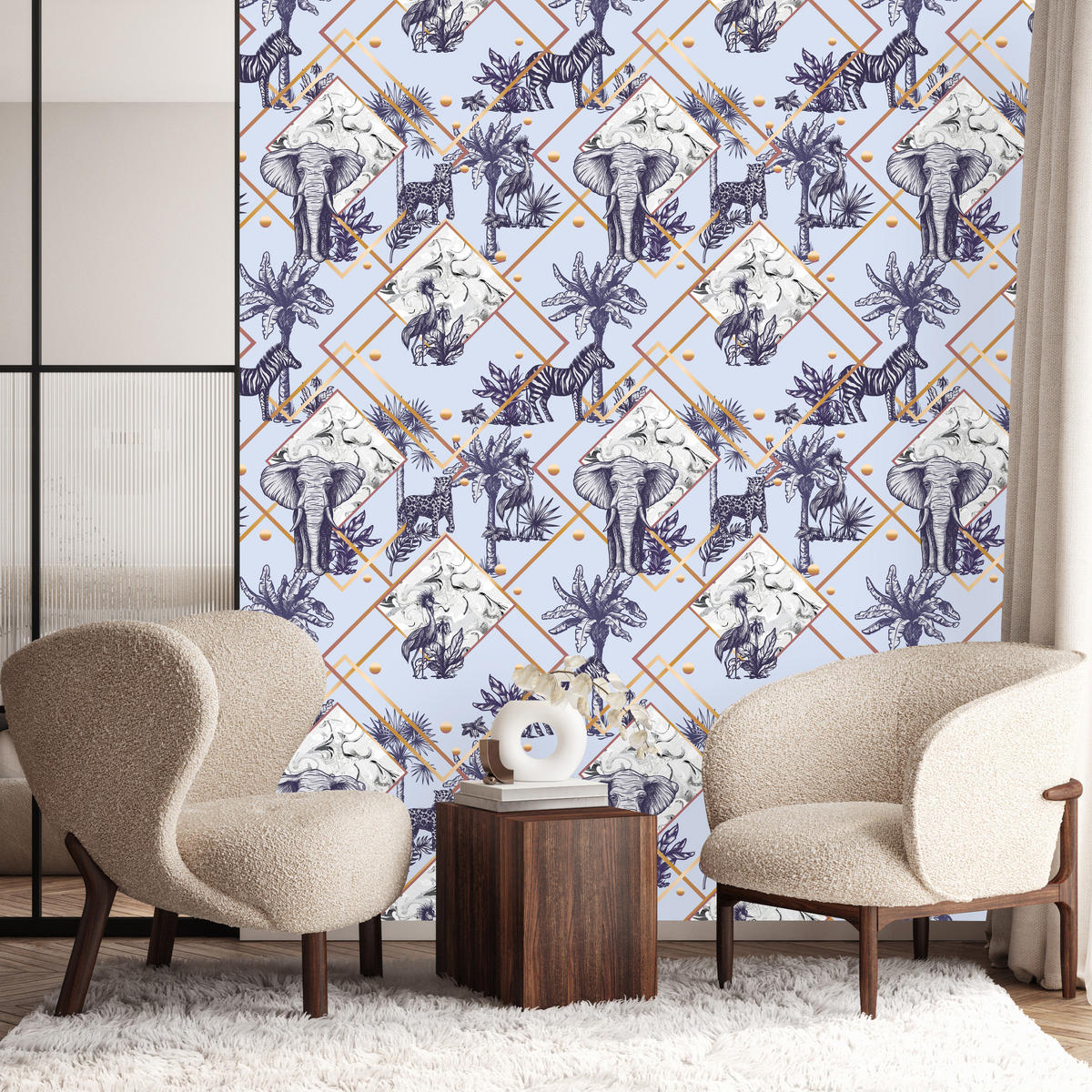 VLIESTAPETE Wildtiere und geometrische Muster – Blau, Goldfarben, Weiß – 50x1000 cm - Blau/Goldfarben, Papier (50/1000cm) - Muralo