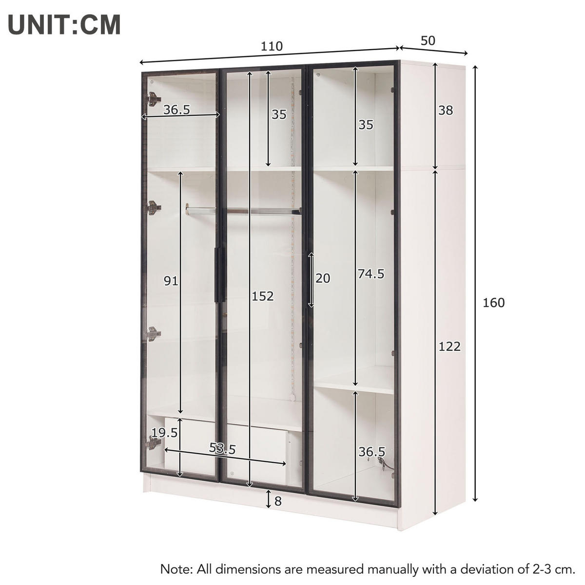 KLEIDERSCHRANK aus Spanplatte mit 3 Glastüren & LED, 110/50/160 cm, Weiß - Weiß, Holzwerkstoff (110/160/50cm) - Redom