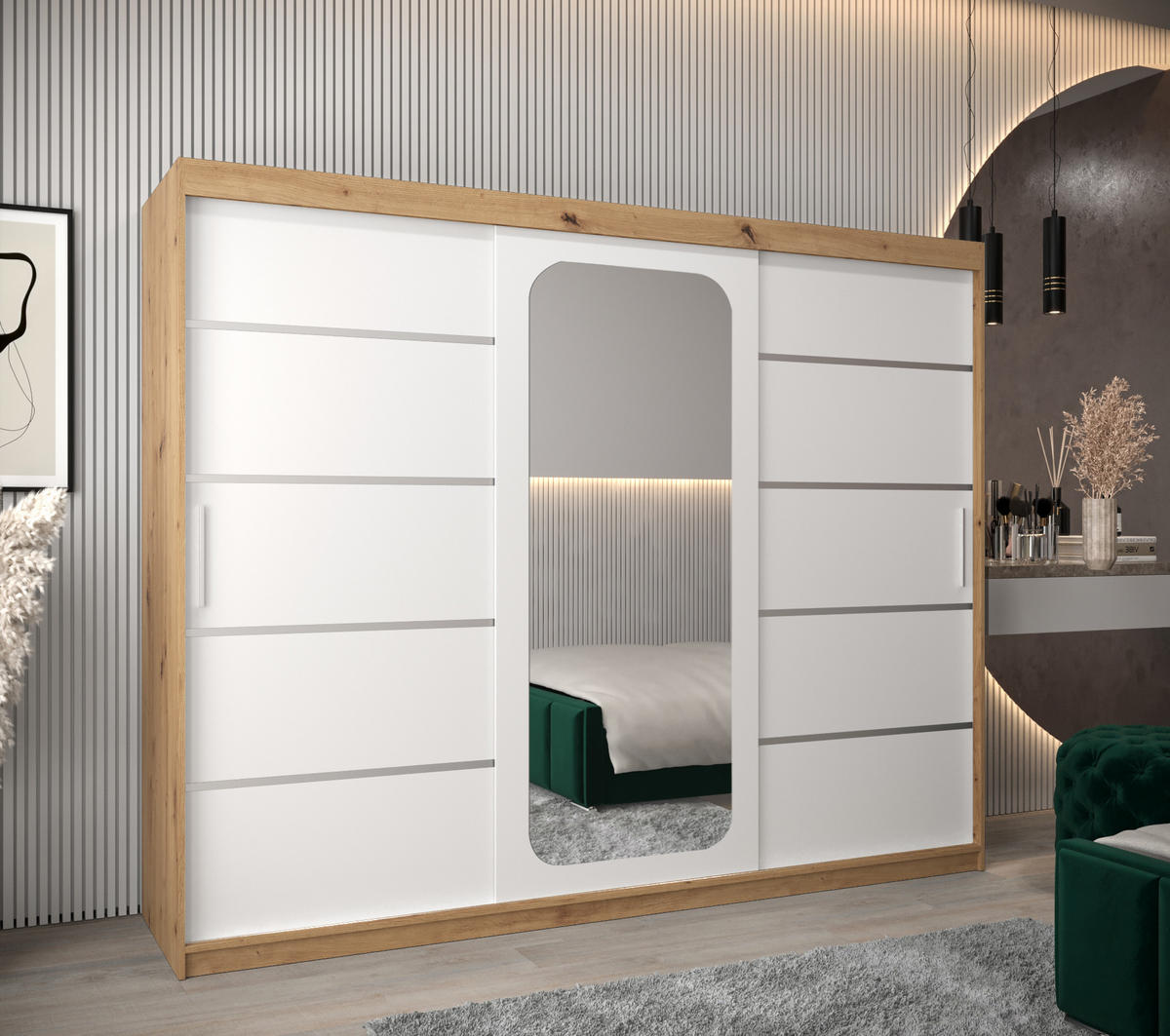 SCHWEBETÜRENSCHRANK 200/250/62 3-türig - Silberfarben/Weiß, Holz/Kunststoff (250/200/62cm) - Abiks Möbel