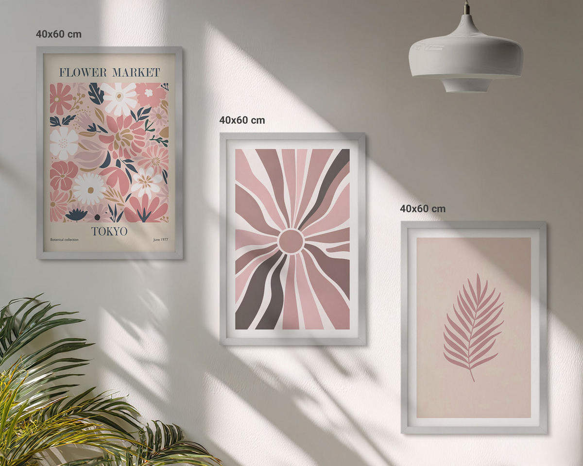 BILDER SET 3er Set - 40x60 cm Silberner Rahmen - Florale Blattmuster und Geometrie - Silberfarben, Kunststoff (40/60cm) - TULUP
