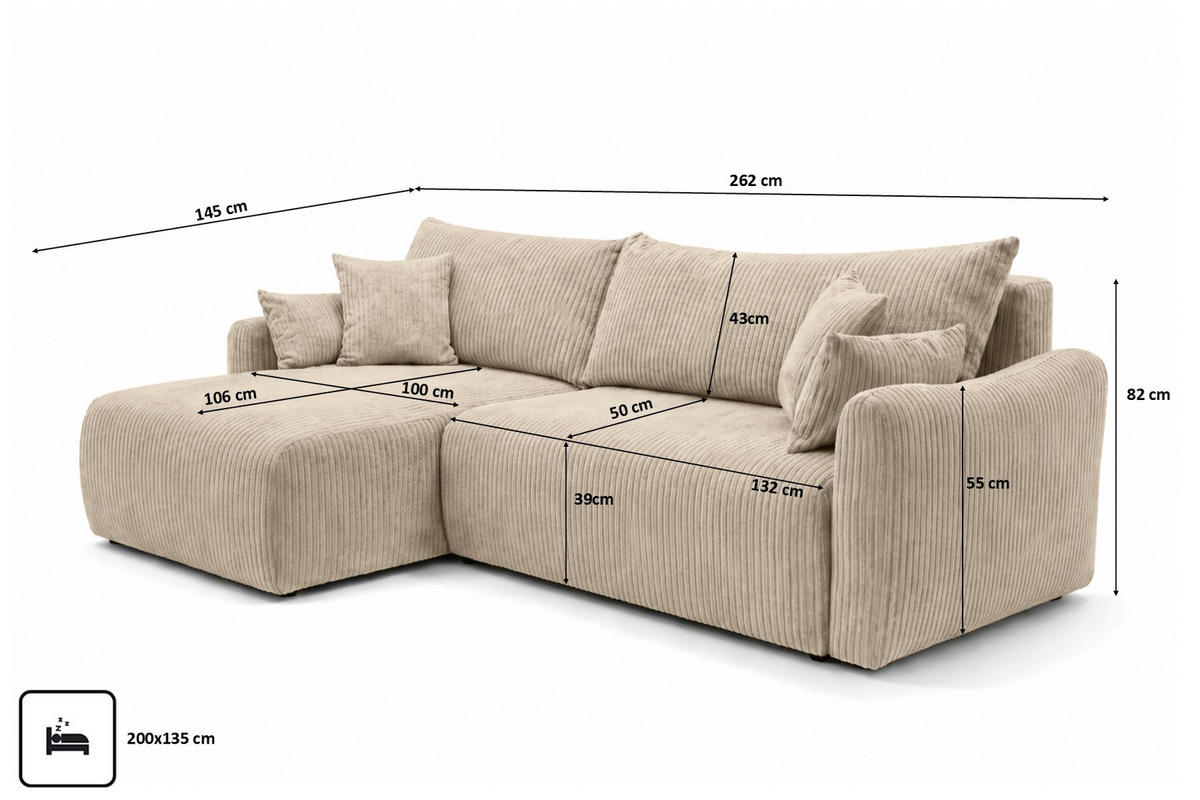 ECKSOFA Mit Schlaffunktion, Cordstoff Poso, Dunkelbeige, Links, JAPANDI - Beige, Holz (262/145cm) - Kaiser Möbel