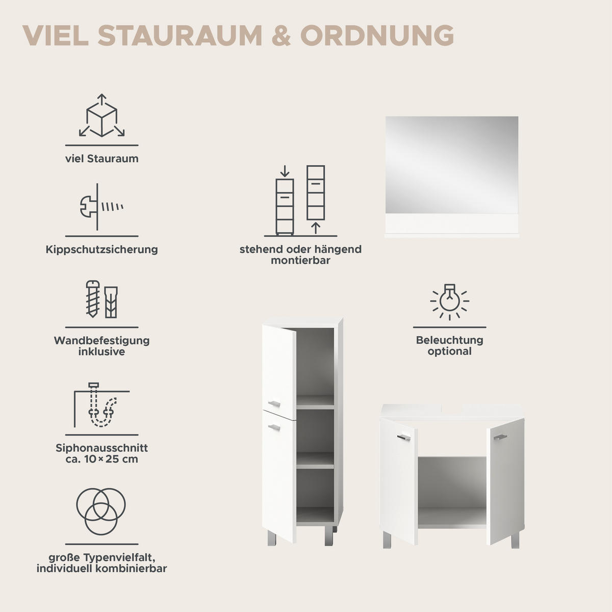 BADKOMBINATION 4tlg. Boston/Tampa Bad in weiß Nachbildung und schwarz B/H/T: 137x186x33 cm - Weiß, Holzwerkstoff (137/186/33cm)