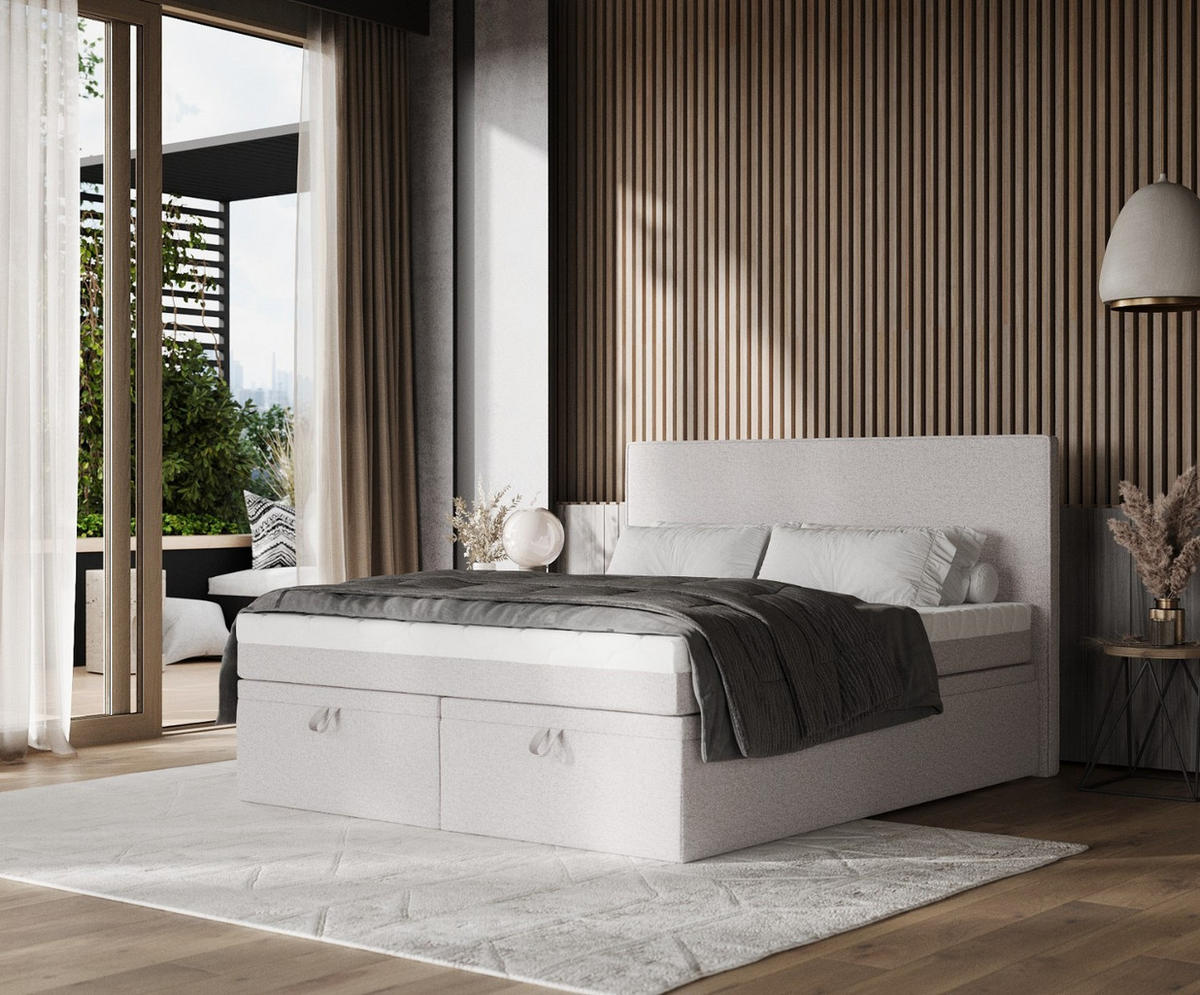 BOXBETT Zalla 140/200 cm Beige im Riva Stoff - Beige/Schwarz, Holz/Holzwerkstoff (140/200cm) - AltaBeds