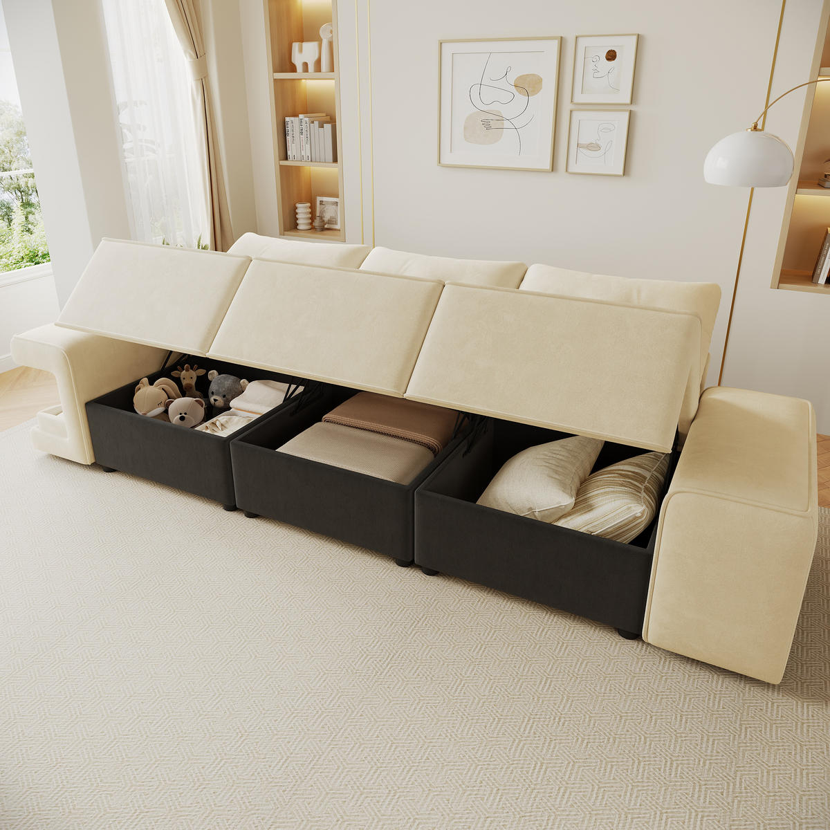 SOFA Beige 3 Sitzer Stauraum breite Armlehnen Kissen - Beige, Textil (78/84/229.5cm) - FLIEKS