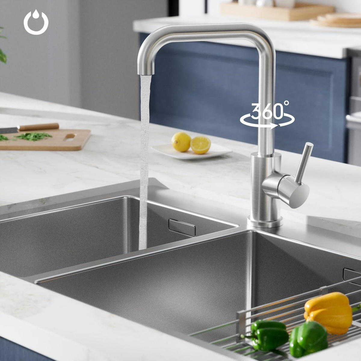 KÜCHENARMATUR Edelstahl 360° drehbar mit ausziehbarem Hahn - Silberfarben, Metall (18/22.5/22cm)