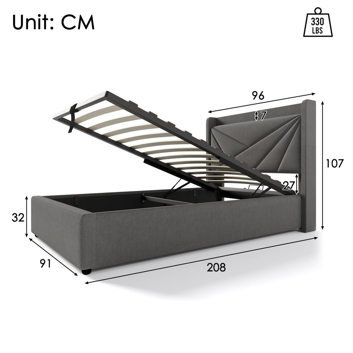 POLSTERBETT aus Baumwoll-Leinen 90x200 cm Grau mit Bettkasten, USB- und USB-C-Anschluss und Matratze - Grau, Textil (90/200cm) - IVMEU