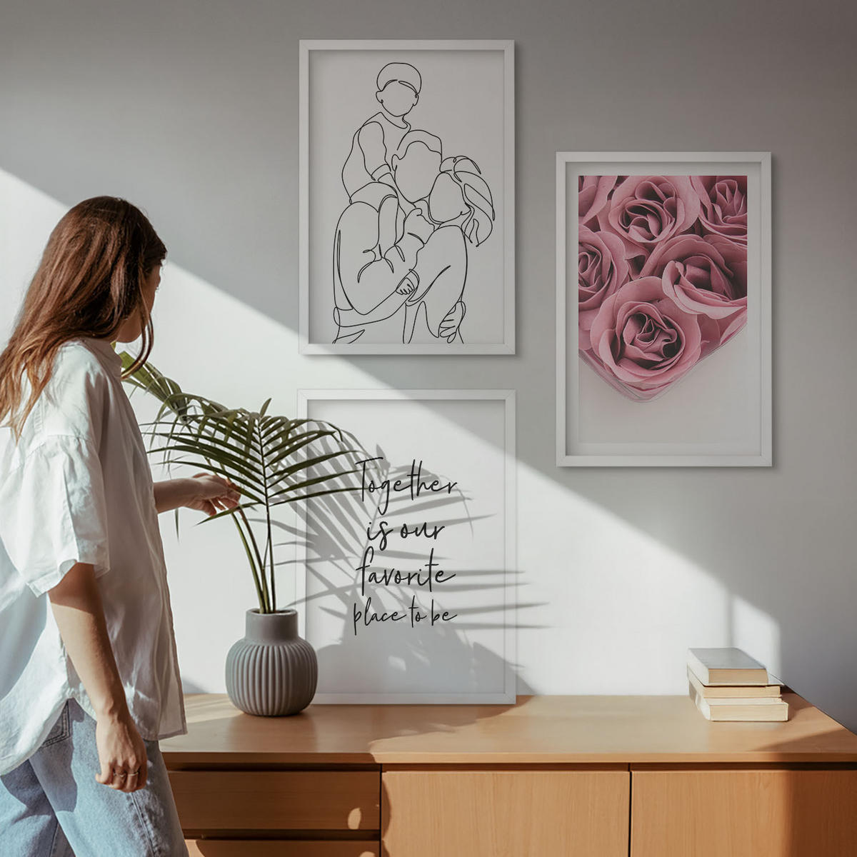 BILDER SET 3er Set - 40x60 cm Weißer Rahmen - Rosensträuße als Familienzeichnung - Weiß, Kunststoff (40/60cm) - TULUP