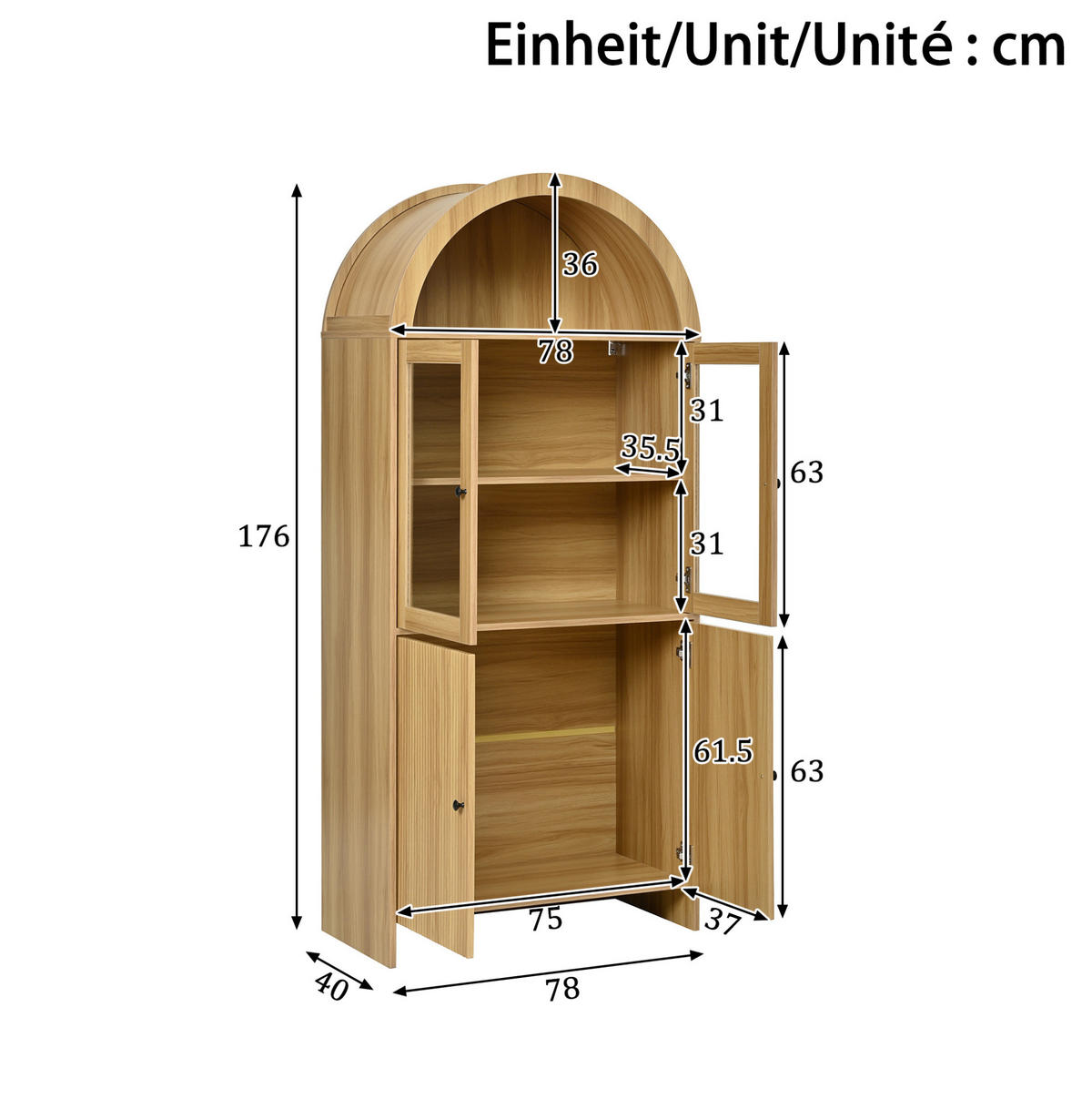 VITRINA 78/40/176 cm prirodna od iverice sa staklenim vratima i zatvorenim pretincem - prirodne boje, drvni materijal (78/176/40cm) - OKWISH