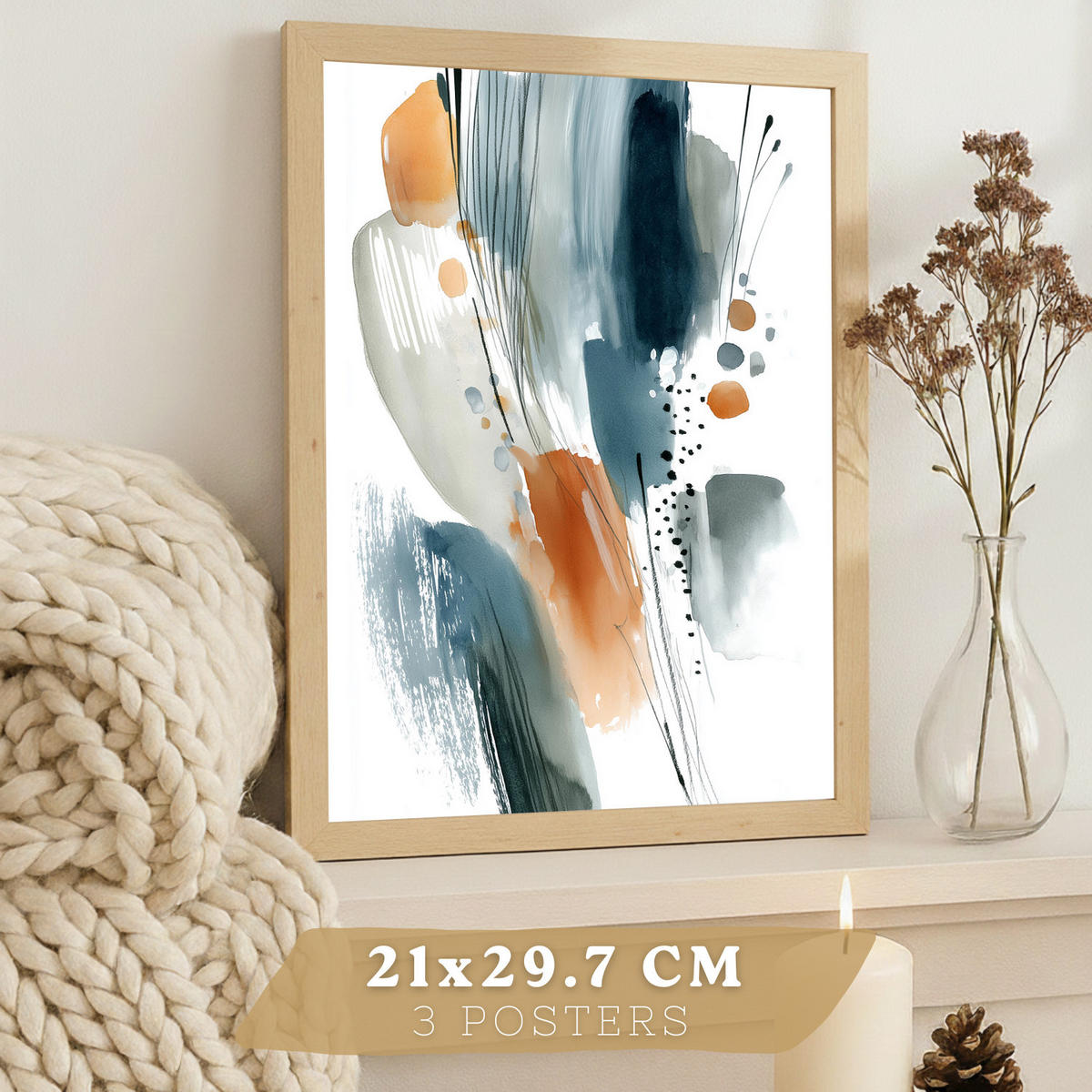 PLAKAT Sada 3 dekorativních nástěnných tisků Abstraktní akvarelové obrazy,oranžová. Rám z lehkého dřeva velikosti A4 - béžová, papír (29.7/42/3cm)