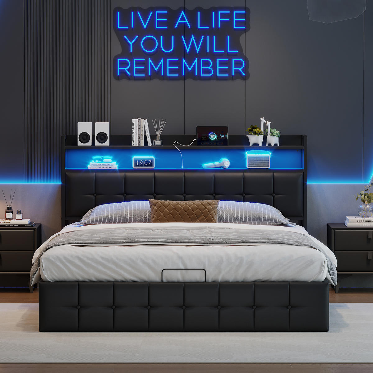 POLSTERBETT 140x190 cm, Stauraumbett mit LED, Schwarzes Kunstleder - Schwarz, Metall (140/190cm)