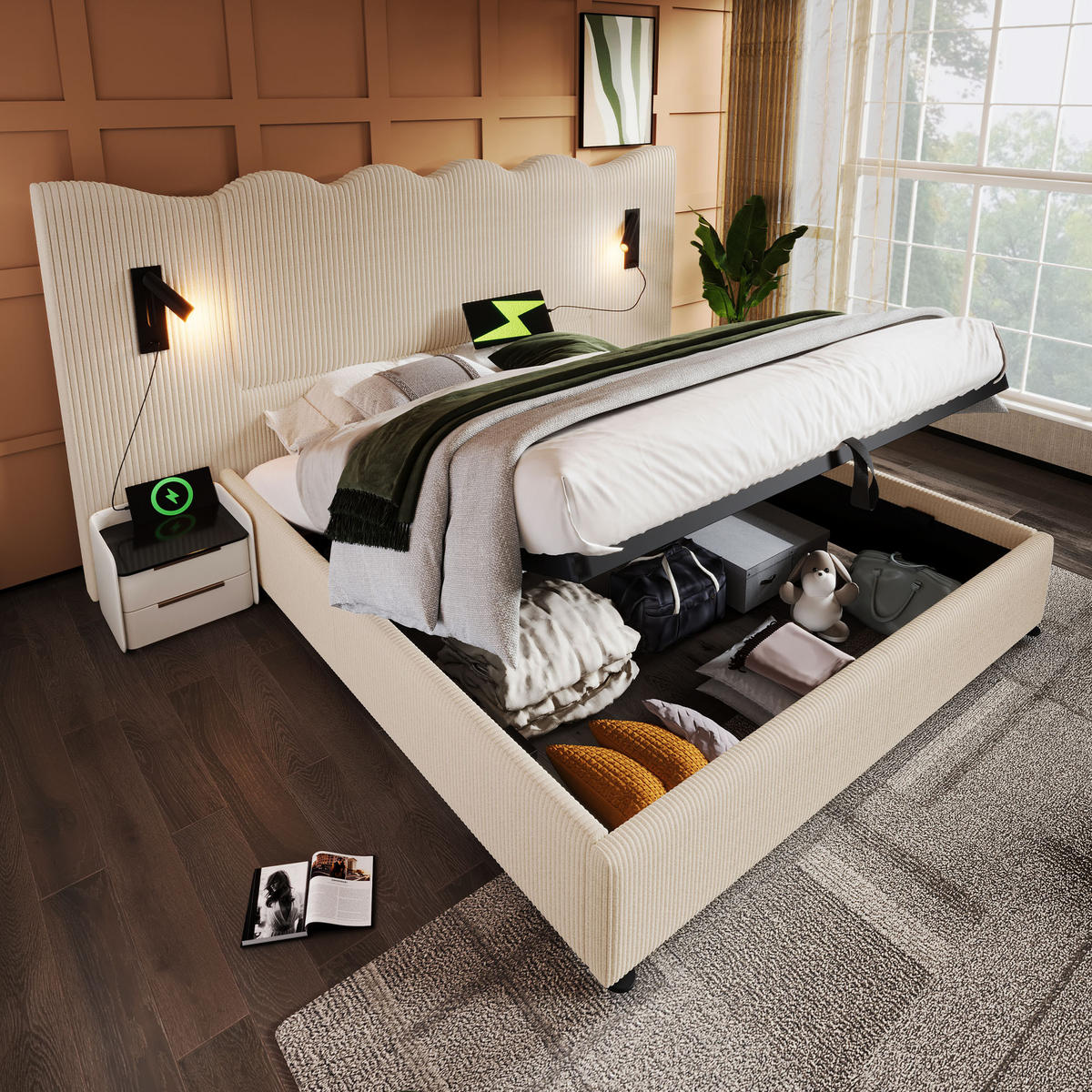 POLSTERBETT 180/200 cm in Beige Cord mit Stauraum, Leselampe und USB Type-C - Beige, Holzwerkstoff/Textil (180/200cm) - WISHDOR