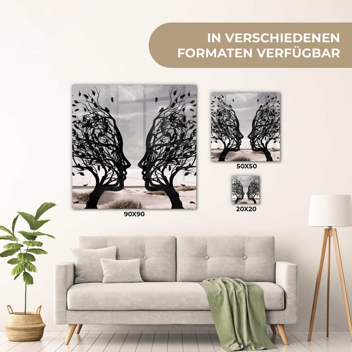 ACRYLGLASBILD Strand - Meer - Menschen - Baum - Moderne Kunst 90x90 cm - Hellgrau, Glas (90/90cm) - MuchoWow