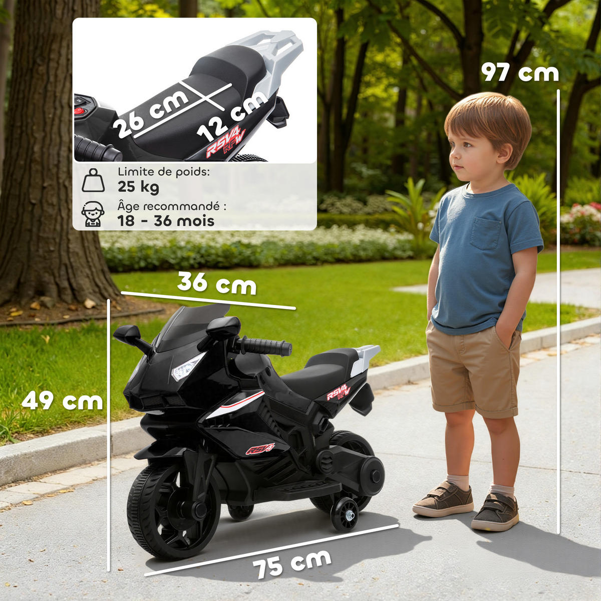 ELEKTRO-MOTORRAD DE-13153 mit Stützrädern Schwarz - Schwarz, Kunststoff (75/36/49cm) - ComfortXL