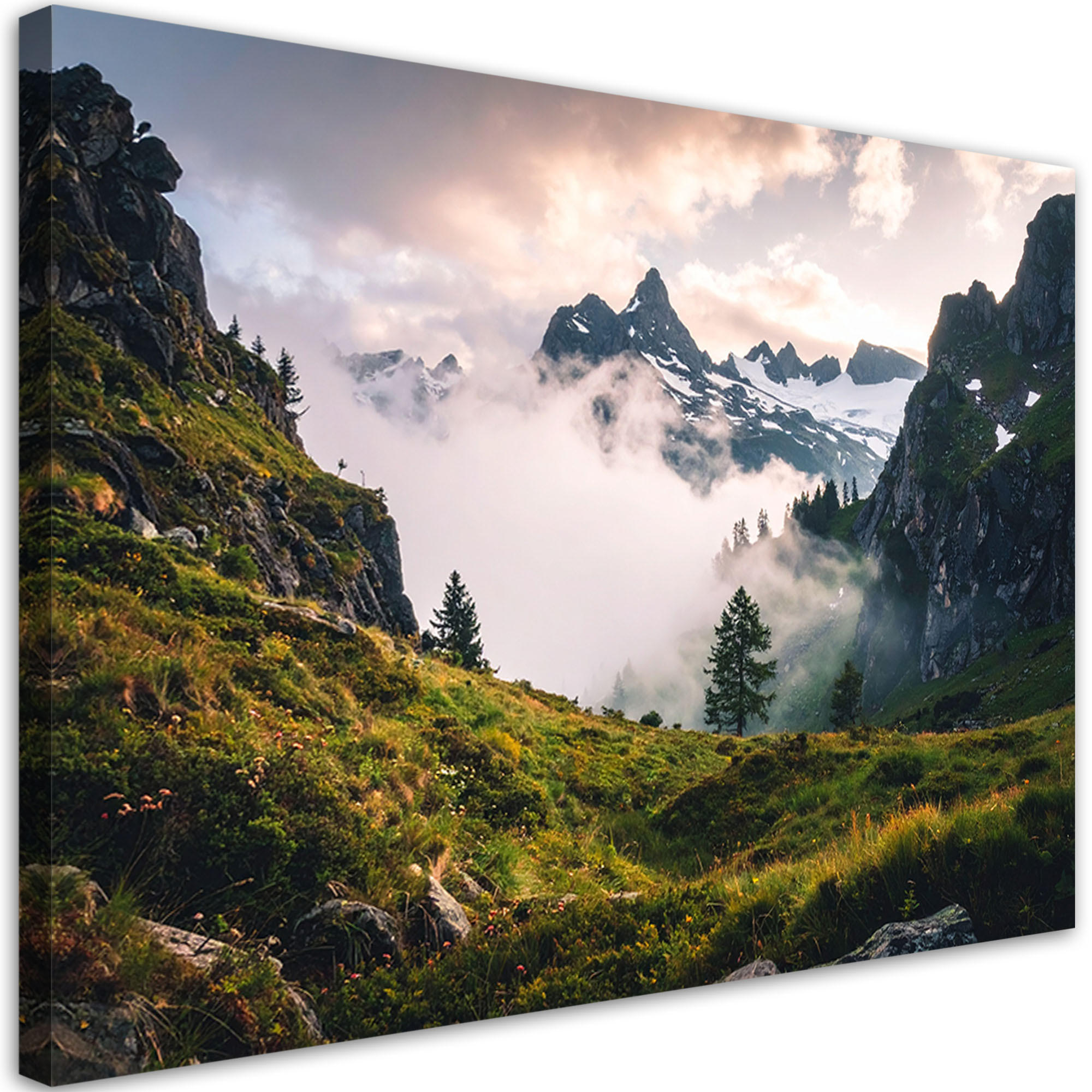 LEINWANDBILD Landschaft Aussicht Berge Wald Nebel Natur 120x80cm - Grün, Textil (120/80cm) - Feeby