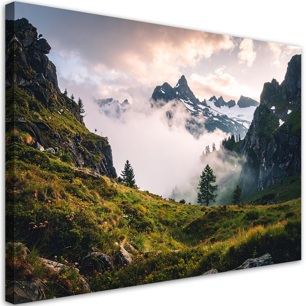 LEINWANDBILD Landschaft Aussicht Berge Wald Nebel Natur 120x80cm - Grün, Textil (120/80cm) - Feeby