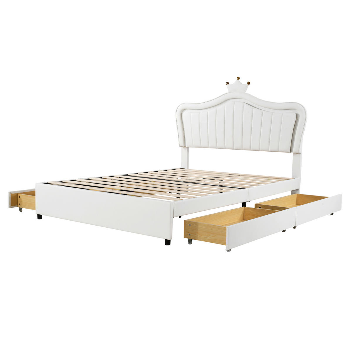 KINDERBETT 140/200 cm aus Kunstleder mit LED-Beleuchtung, 4 Schubladen und verstellbarem Kopfteil, Weiß - Weiß, Textil (140/200cm) - Redom