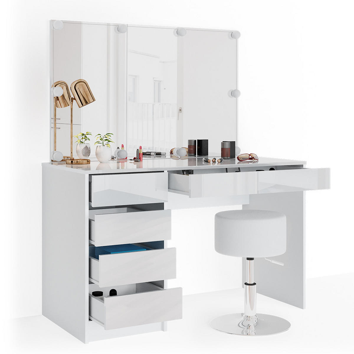 SCHMINKTISCH Sherry Weiß 120 cm mit LED Beleuchtung und Hocker - Weiß, Holzwerkstoff (55/75/120cm) - Vicco