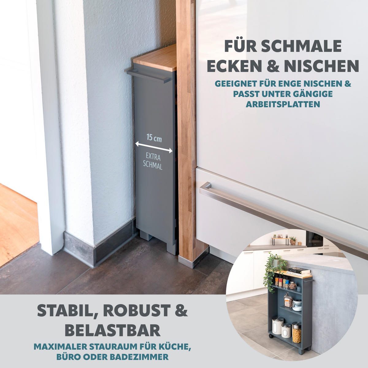 BAD-ROLLWAGEN, grau - Grau, Holz (50/79/15cm) - eluno