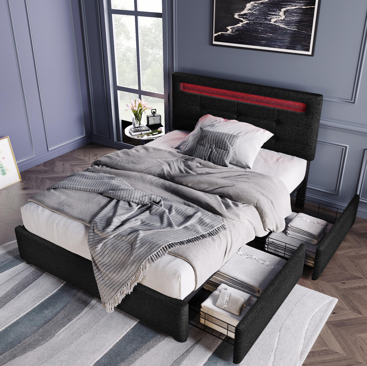 BETT mit LED-Beleuchtung und 2 Schubladen 90x200 cm Schwarz - Schwarz, Metall (90/200cm) - Meubliv