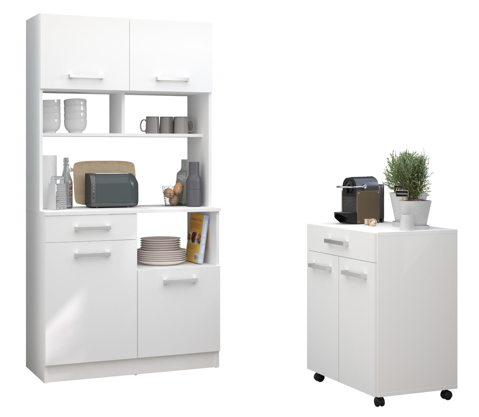 MINIKÜCHE Set 2-teilig weiß mit Buffet und Küchenschrank - Silberfarben/Weiß, Holz/Holzwerkstoff (150/177/43cm) - Parisot Meuble