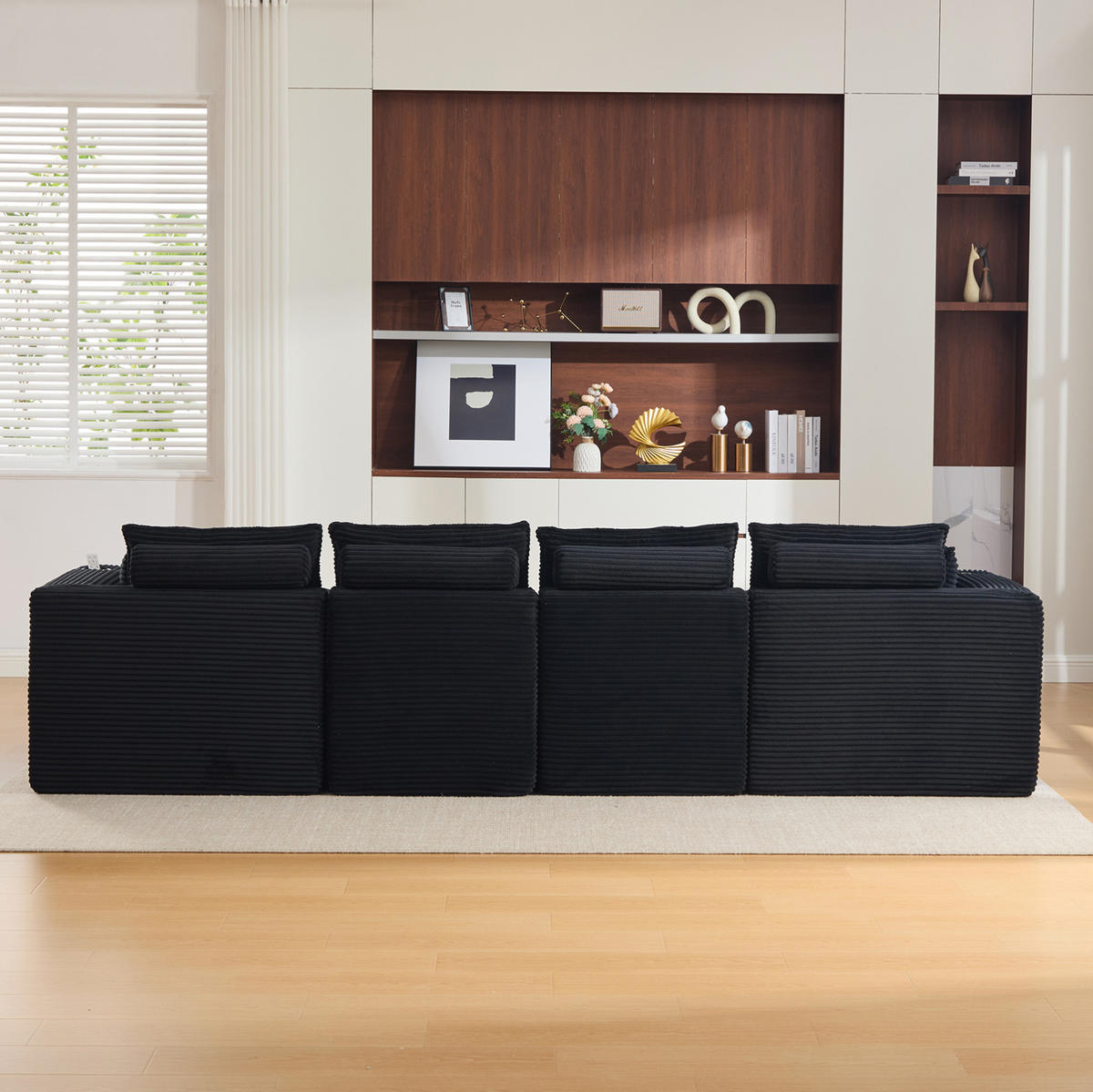 SOFA modular 4-Sitzer mit 2 Fußhockern 322 x 161 cm Cord Black - Schwarz, Kunststoff (161/75/256cm) - Meubliv