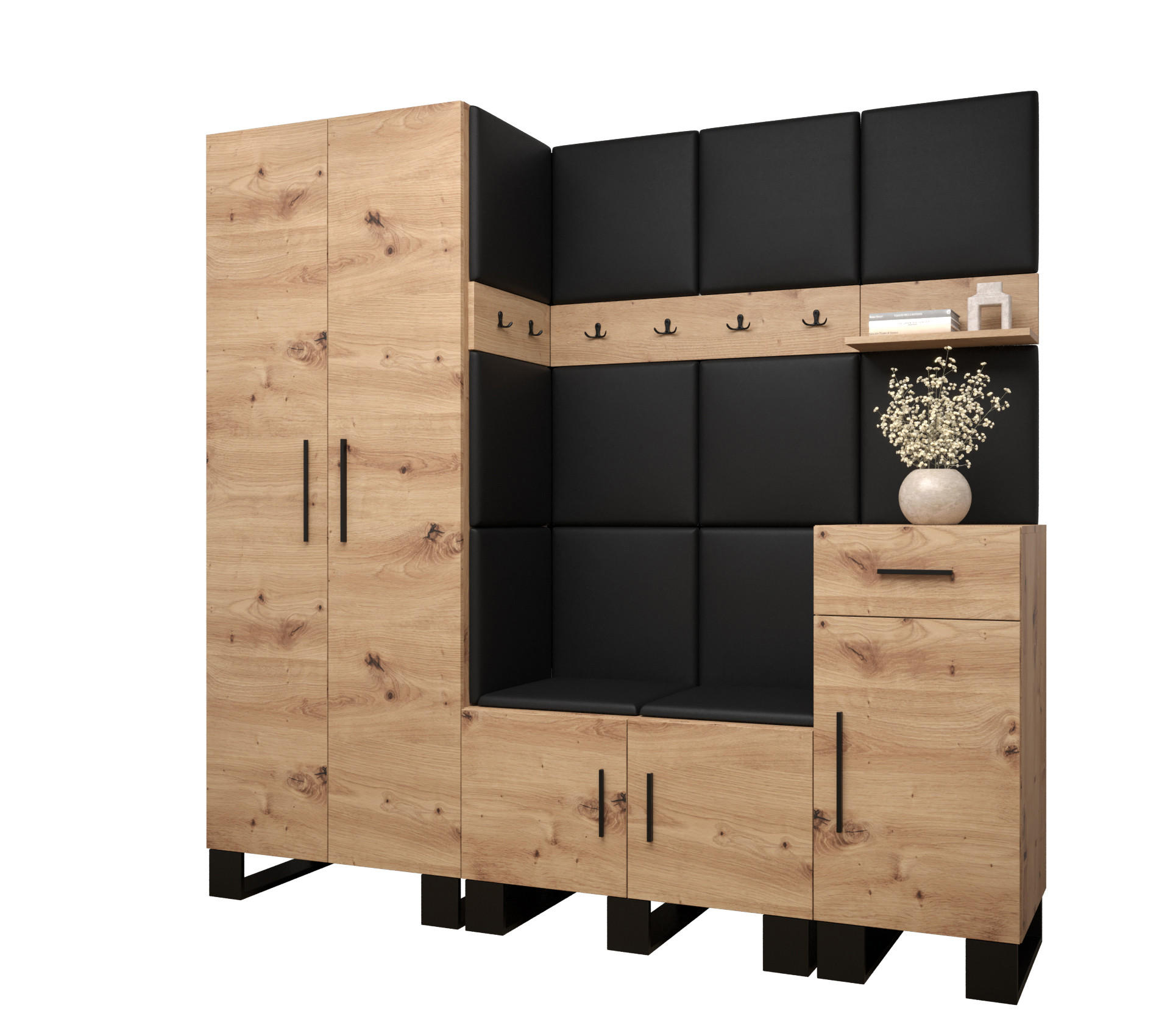 Abiks Möbel Garderoben-Set Eiche Artisan, Schwarz 200x196x45.6 cm