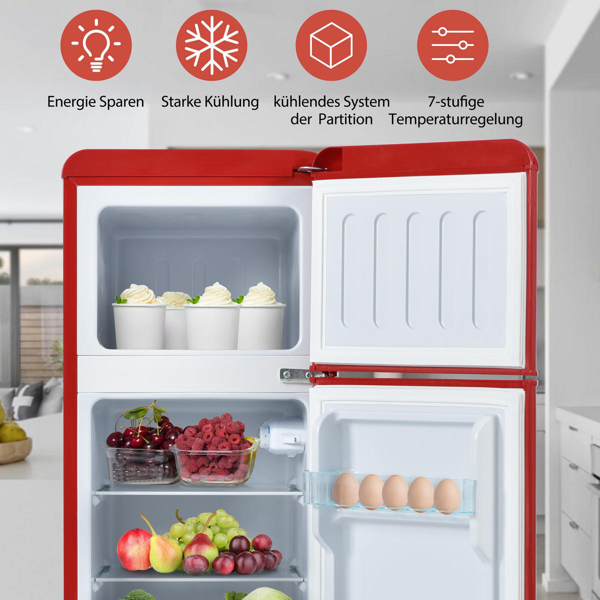 KUHLSCHRANK 41/45.5/105.5 cm Rot mit 92 Liter Gesamtvolumen und LED-Licht - Rot, Kunststoff (45.5/105.5/41cm) - Oxeza