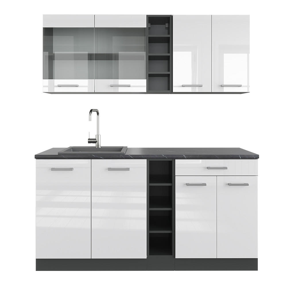 SINGLEKÜCHE R-Line Weiß Hochglanz/Anthrazit 160 cm ohne AP - Weiß Hochglanz/Anthrazit, Holzwerkstoff (160/81.6/46cm) - Vicco