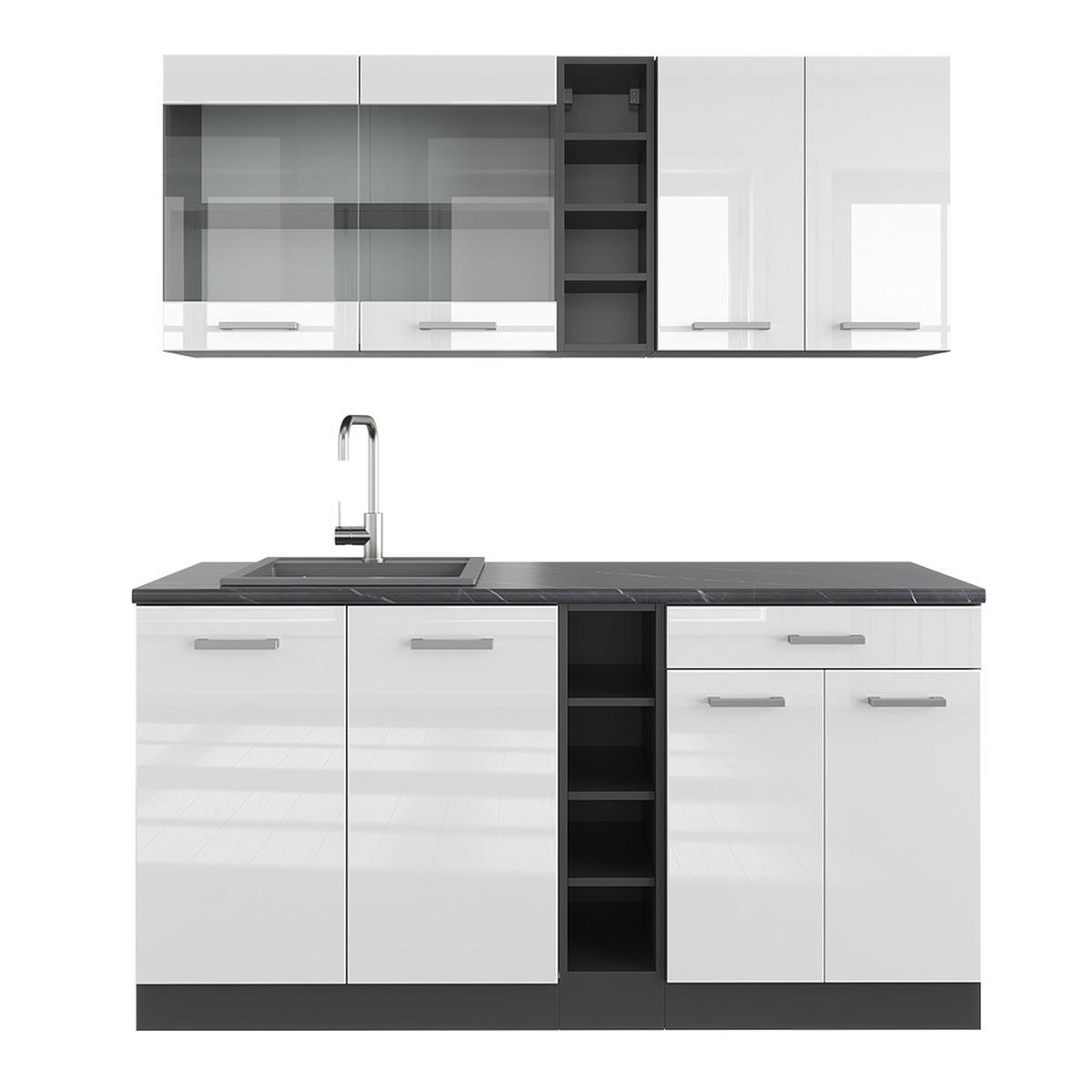 SINGLEKÜCHE R-Line Weiß Hochglanz/Anthrazit 160 cm ohne AP - Weiß Hochglanz/Anthrazit, Holzwerkstoff (160/81.6/46cm) - Vicco