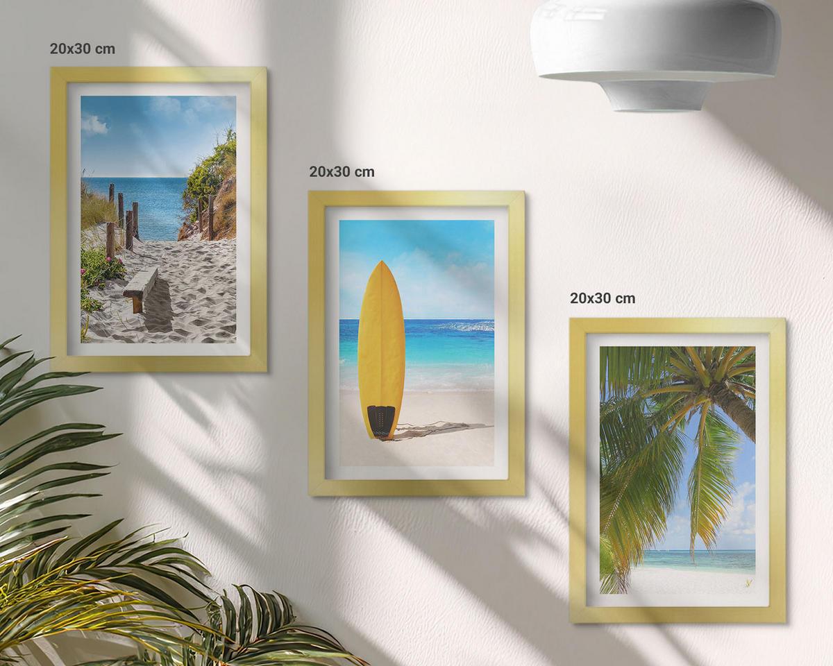 BILDER SET 3er Set - 20x30 cm Goldrahmen - Urlaubsstrände, Wellen, Palmen - Goldfarben, Kunststoff (20/30cm) - TULUP