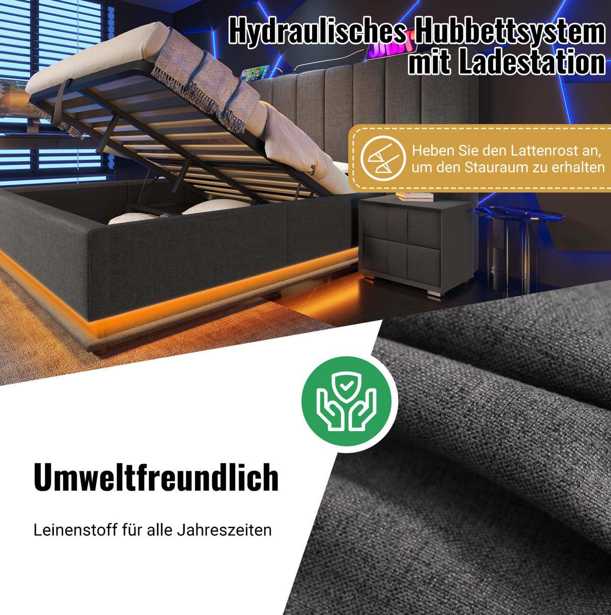 POLSTERBETT mit LED-Beleuchtung 180/200 cm mit Bettkasten, USB-C und Matratze - Grau, Textil (180/200cm) - BEAOK