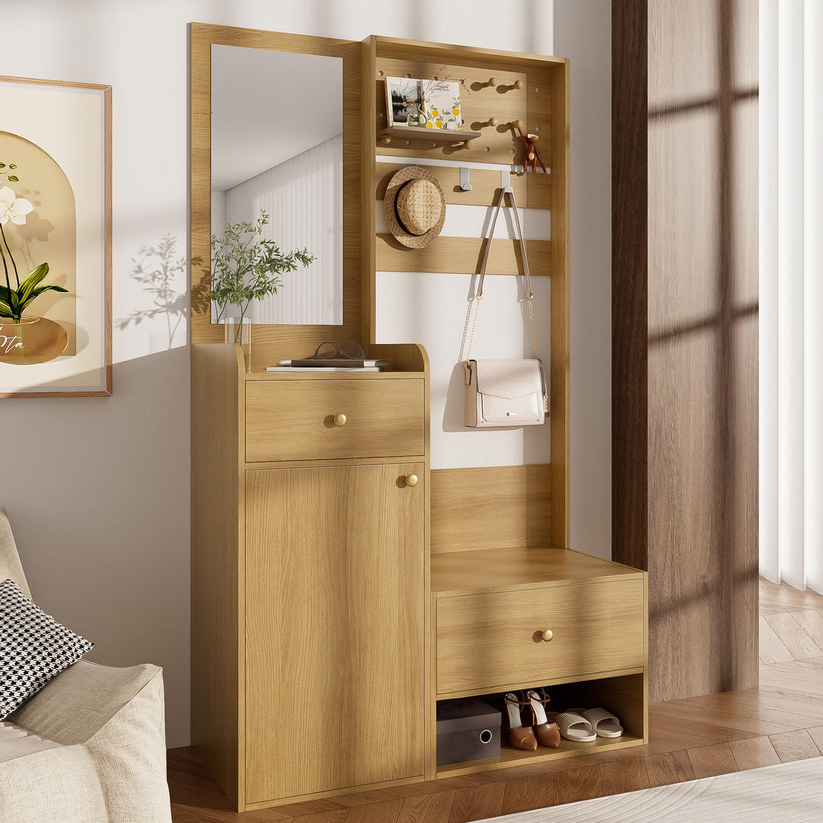 GARDEROBE 105 cm Spiegel Haken Stauraum - Naturfarben, Holzwerkstoff (105/180/38cm) - LEBENLANG