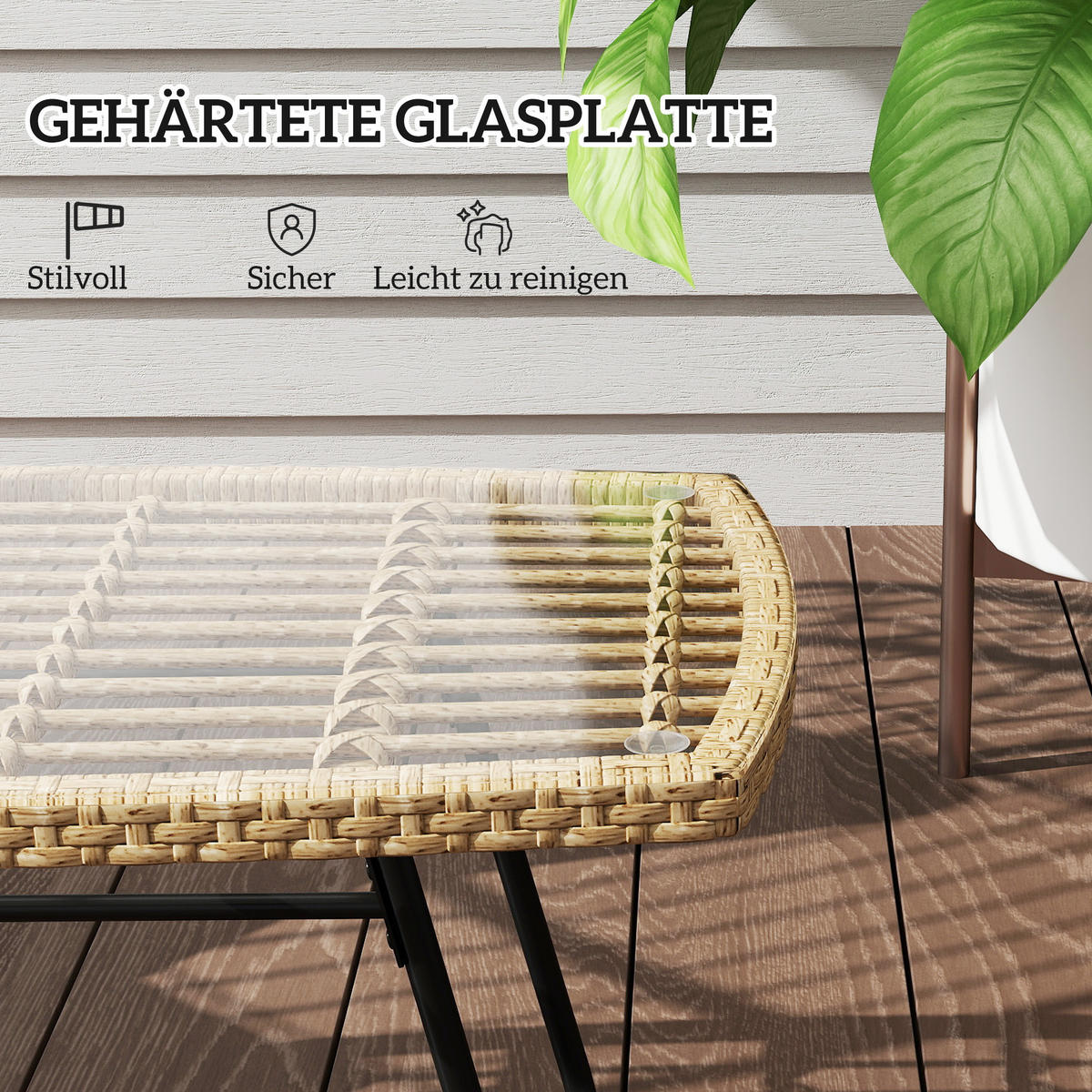 POLYRATTAN GARTENTISCH DE-06645 UV-beständig & Glasplatte Naturholz - Naturfarben, Kunststoff/Metall (90/50/45cm) - ComfortXL