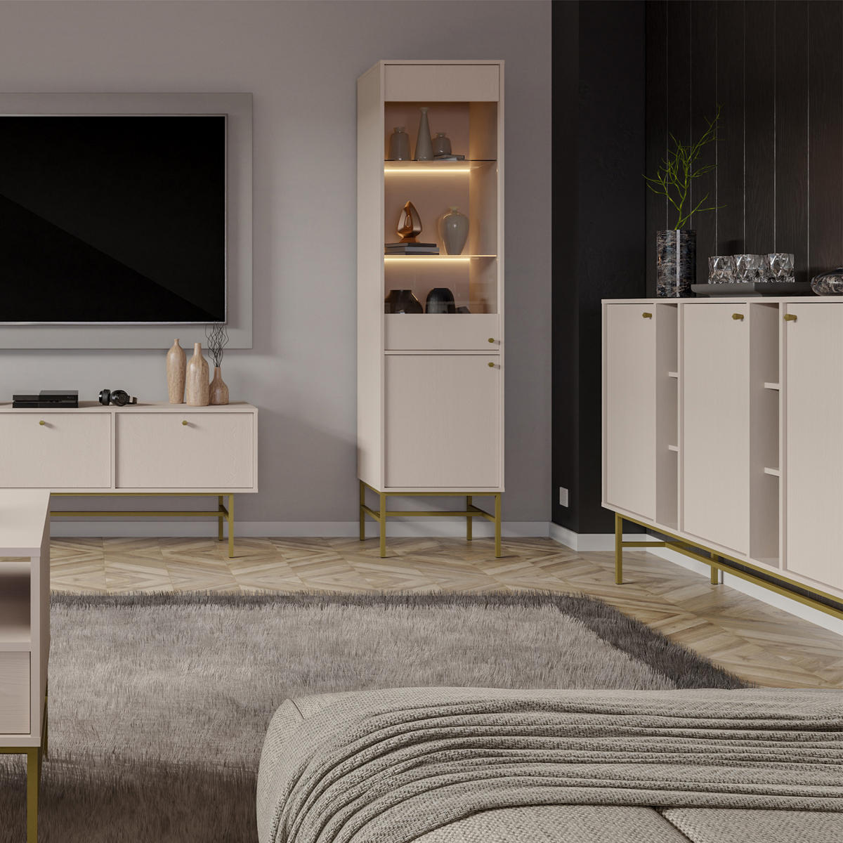 KOMMODE FLOREN, Creme/Gold - Creme, Holzwerkstoff/Metall (157.7/107.5/40.8cm) - KONSIMO®