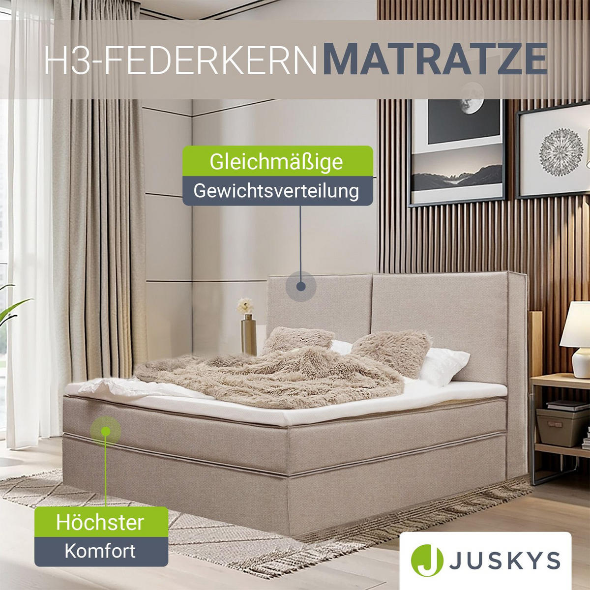 BOXBETT Detroit 180x200 cm Stoff Beige - Beige, Textil (180/200cm) - Juskys