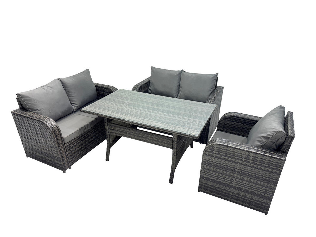 GARTENMÖBELGARNITUR mit Esstisch Polyrattan 5-Sitzer - Dunkelgrau/Grau, Glas/Kunststoff - Fimous