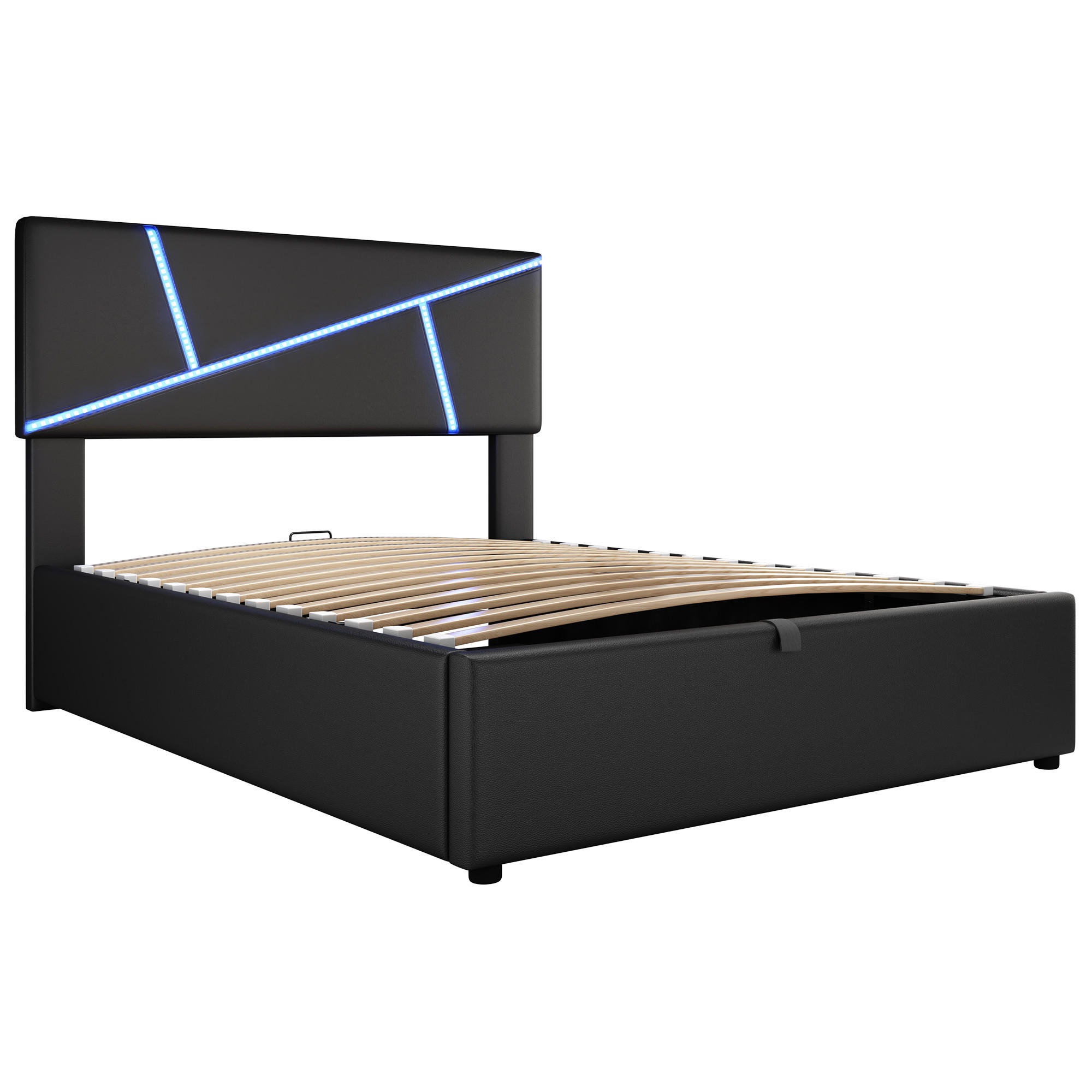 STAURAUMBETT 90/200 cm DE-02579, mit LED-Lichtleisten und Hydraulik, in Schwarz - Schwarz, Metall (140/200cm) - ComfortXL