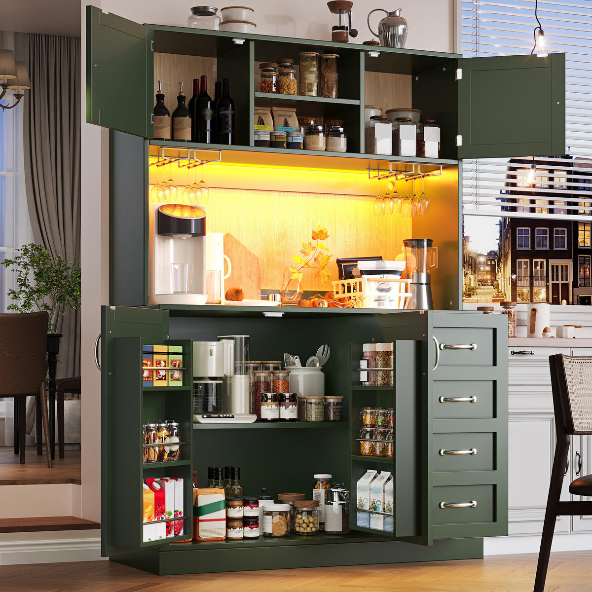 KÜCHENSCHRANK LED 120x40x188Cm 4 Türen Snackregal - Grün, Holzwerkstoff (120/188/40cm) - FLIEKS
