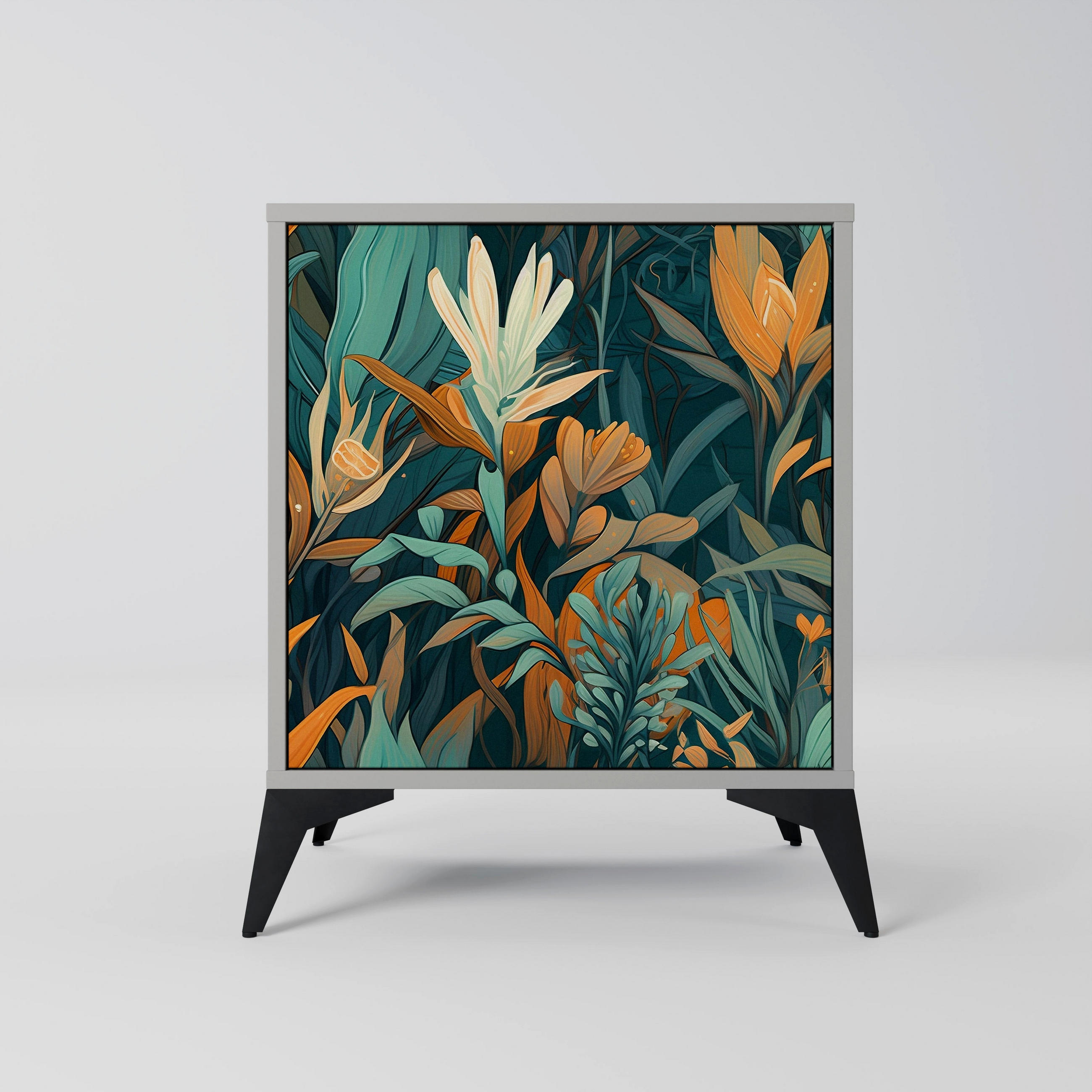 SIDEBOARD FLORAL SERENITY, Grau, 57,5x42x70,5 cm, Schwarze Metall-Sternfüße - Multicolor/Schwarz, Holzwerkstoff/Metall (57.5/70.5/42cm) - SpaceRebels