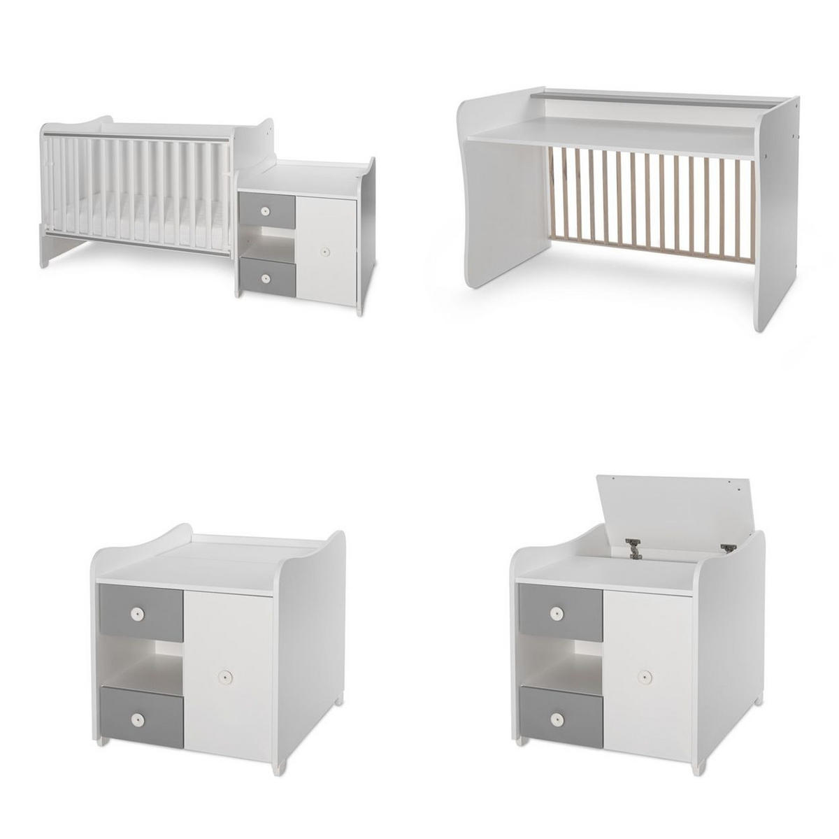 BABYBETT Mini Max 3 in 1 weiß dunkelgrau 120 x 60 cm, Jugendbett 190 x 72 cm, Wickelkommode, Schaukelfunktion - Grau, Holzwerkstoff (72/190cm) - Lorelli