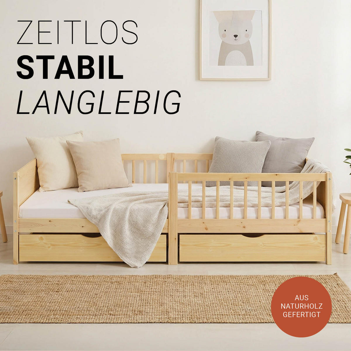 KINDERBETT Natur 90/200 2 Bettkästen Rausfallschutz - Naturfarben, Holz (90/200cm) - Homestyle4u
