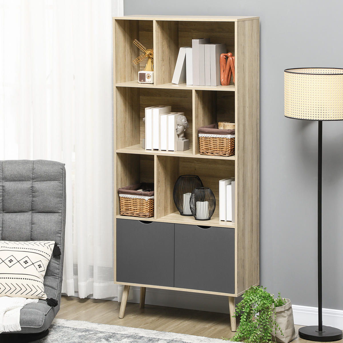 REGAL DE-15490 80/35/180 cm, 6 Ebenen + 1 Tür Natur/Dunkelgrau - Naturfarben, Holzwerkstoff (80/180/35cm) - ComfortXL