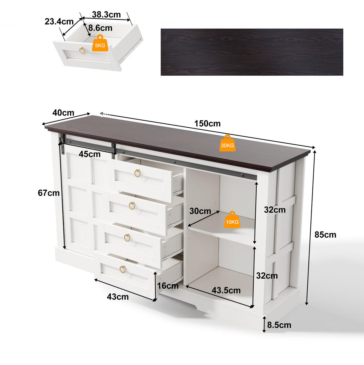 SIDEBOARD 150/40/85 cm Weiß aus MDF mit Schiebetüren - Weiß, Holzwerkstoff (150/85/40cm) - OKWISH